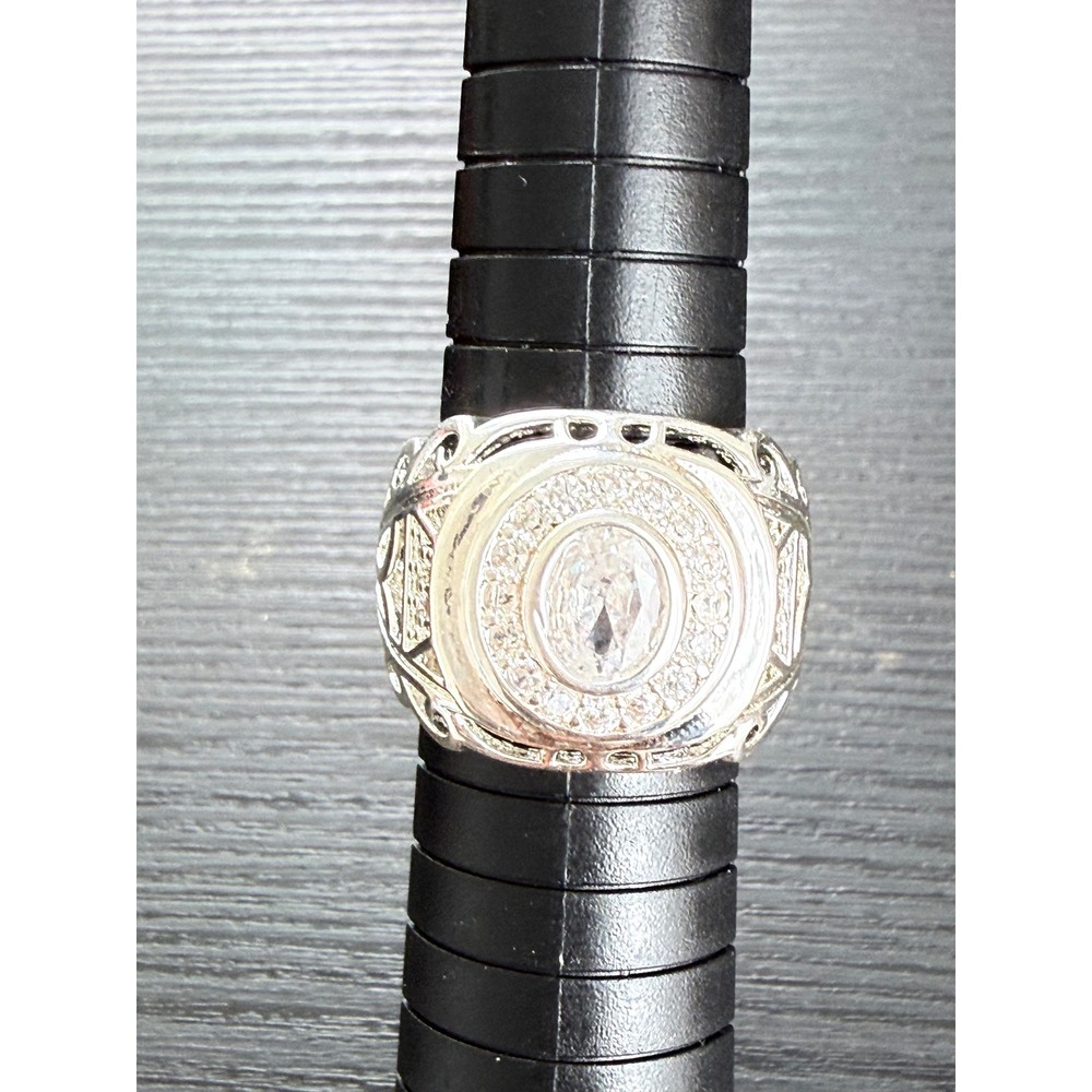 Statement Ring Unisex Size 9 Silver 925 Oval CZ Filigree Pave Band